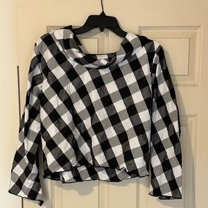 Heydari Woman M Crinkle Top Cropped Boxy Cowl Neck Black White Buffalo Check
